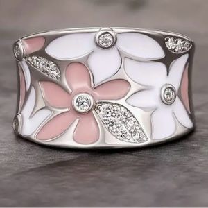 Elegant Wide Ring Cute pink enamel Flower Design!